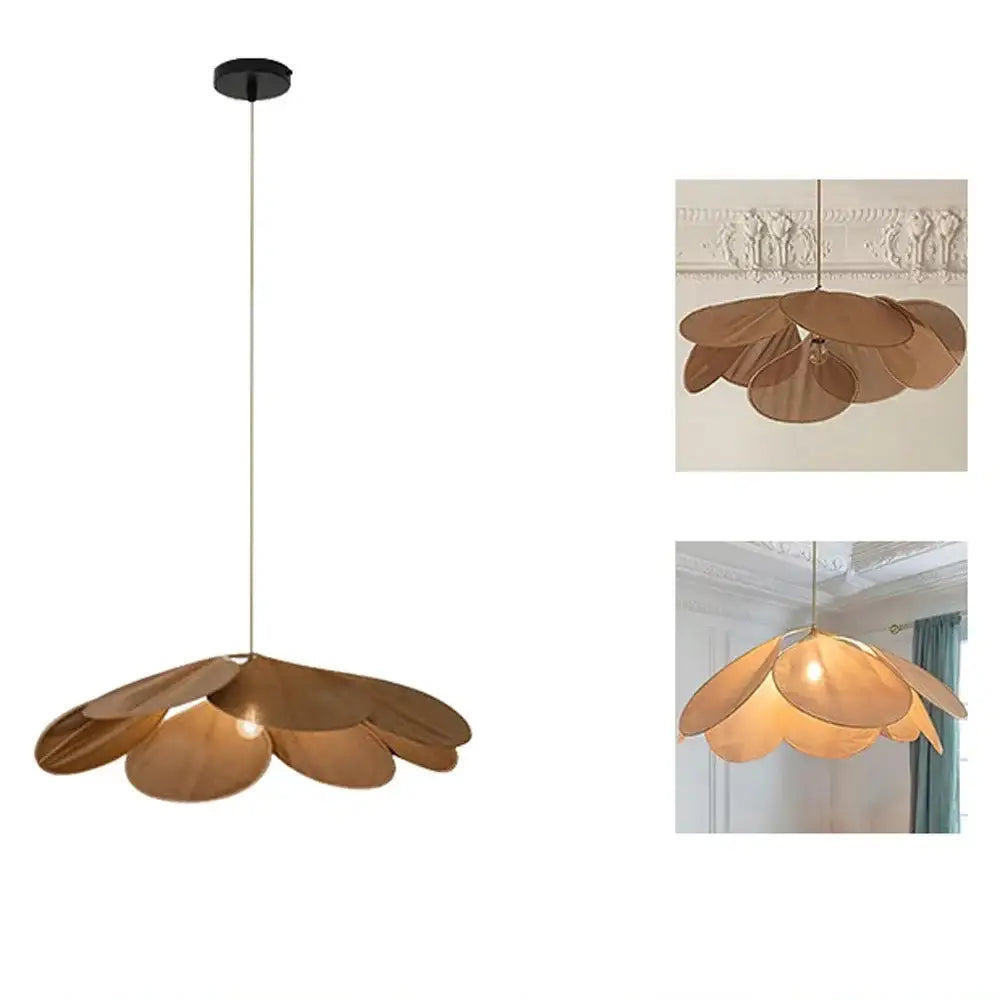 A warm-toned pendant light with copper petal fabric and natural wood finish for dining room decorbites colorful petal design