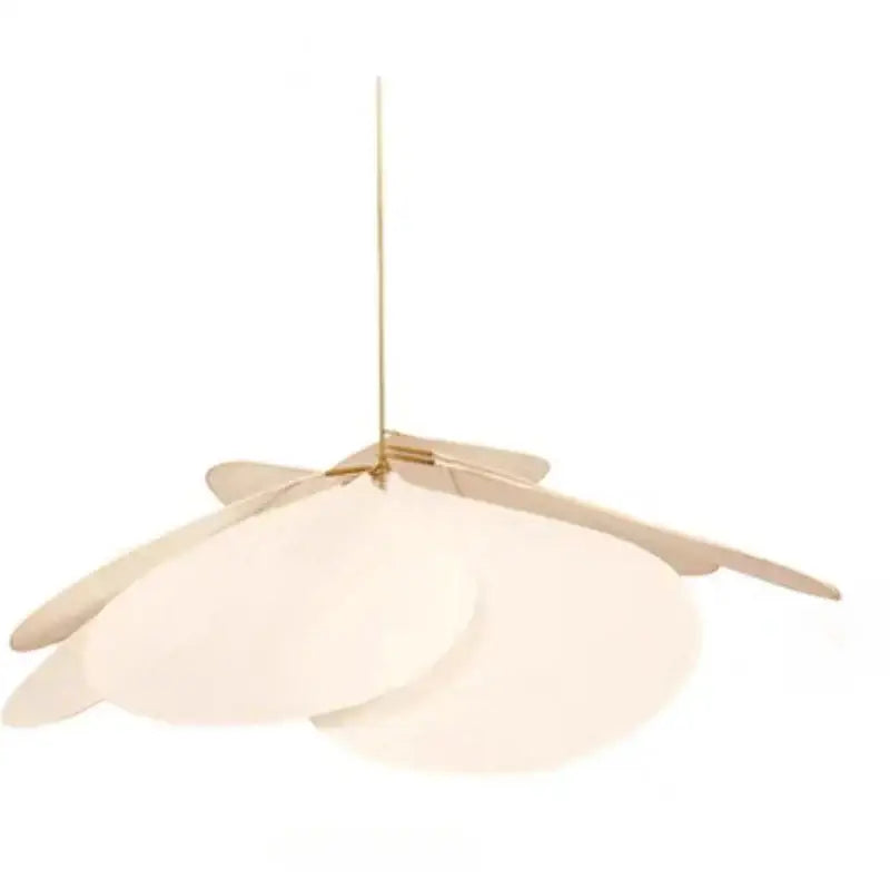 A cream-colored pendant light with layered petal fabric shades and a gold-toned chain for dining room decorbites colorful petal