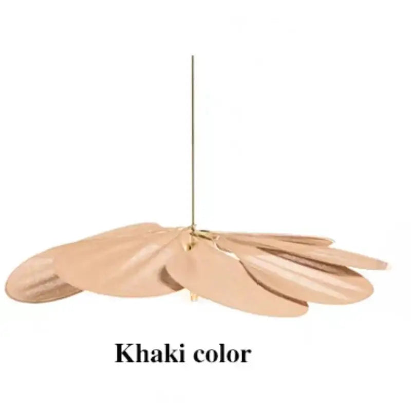Khaki-colored leaf-shaped pendant light with slender brass stem in decorbites colorful petal fabric for dining room decor