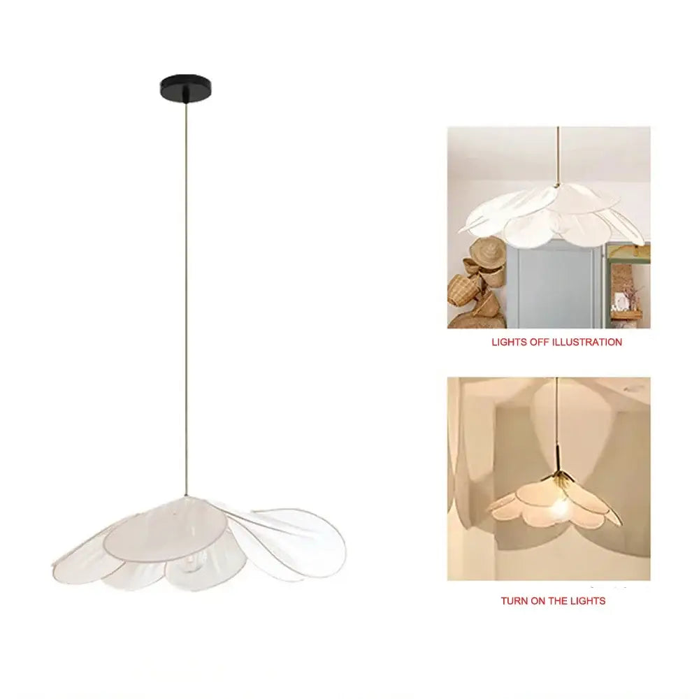 White translucent petal-shaped pendant light with black mount and thin cord for decorbites colorful petal fabric decor
