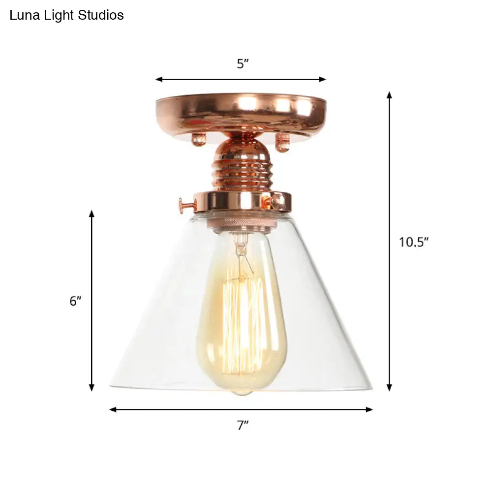 ديكوربايتس™ تركيبات سقف نحاسية شبه مستوية: غطاء مخروطي/أسطواني/جرسي من الزجاج الشفاف لغرفة المعيشة الصناعية مع ضوء واحد
