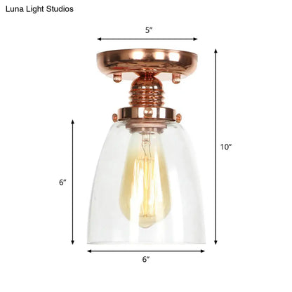 ديكوربايتس™ تركيبات سقف نحاسية شبه مستوية: غطاء مخروطي/أسطواني/جرسي من الزجاج الشفاف لغرفة المعيشة الصناعية مع ضوء واحد