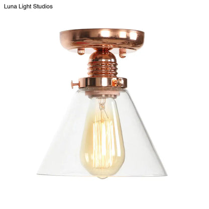 ديكوربايتس™ تركيبات سقف نحاسية شبه مستوية: غطاء مخروطي/أسطواني/جرسي من الزجاج الشفاف لغرفة المعيشة الصناعية مع ضوء واحد