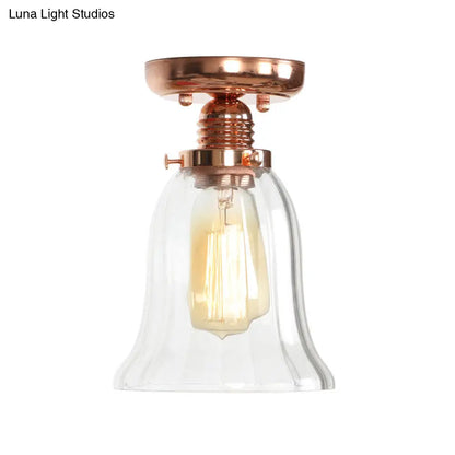 ديكوربايتس™ تركيبات سقف نحاسية شبه مستوية: غطاء مخروطي/أسطواني/جرسي من الزجاج الشفاف لغرفة المعيشة الصناعية مع ضوء واحد