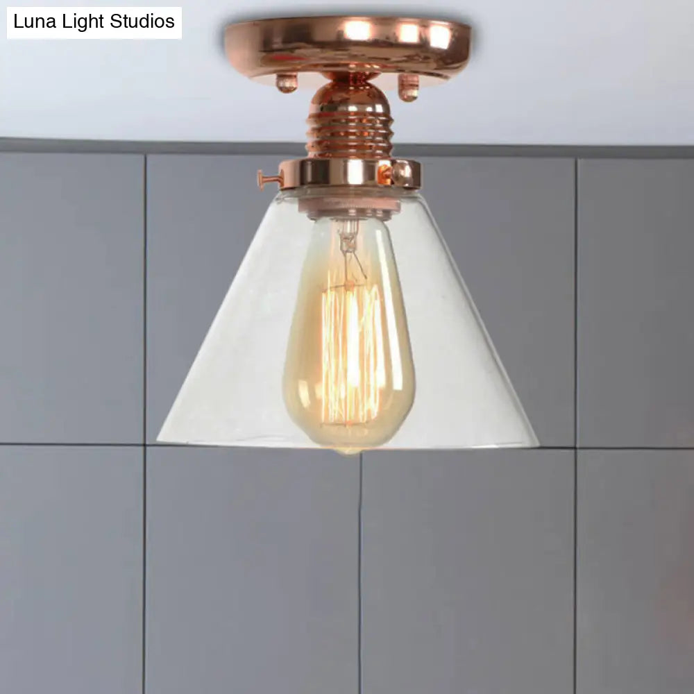 ديكوربايتس™ تركيبات سقف نحاسية شبه مستوية: غطاء مخروطي/أسطواني/جرسي من الزجاج الشفاف لغرفة المعيشة الصناعية مع ضوء واحد