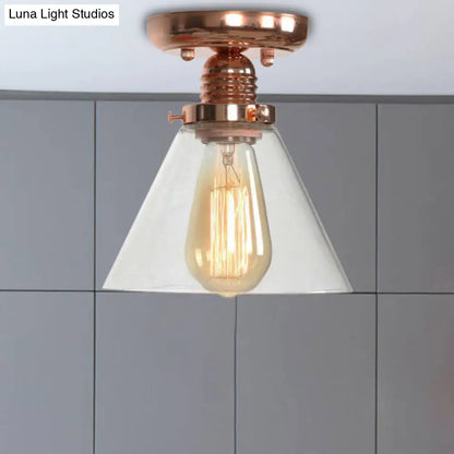 ديكوربايتس™ تركيبات سقف نحاسية شبه مستوية: غطاء مخروطي/أسطواني/جرسي من الزجاج الشفاف لغرفة المعيشة الصناعية مع ضوء واحد