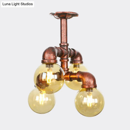 Copper Semi-Mount LED Flush Lamp in Amber Glass - Farmhouse Global Design