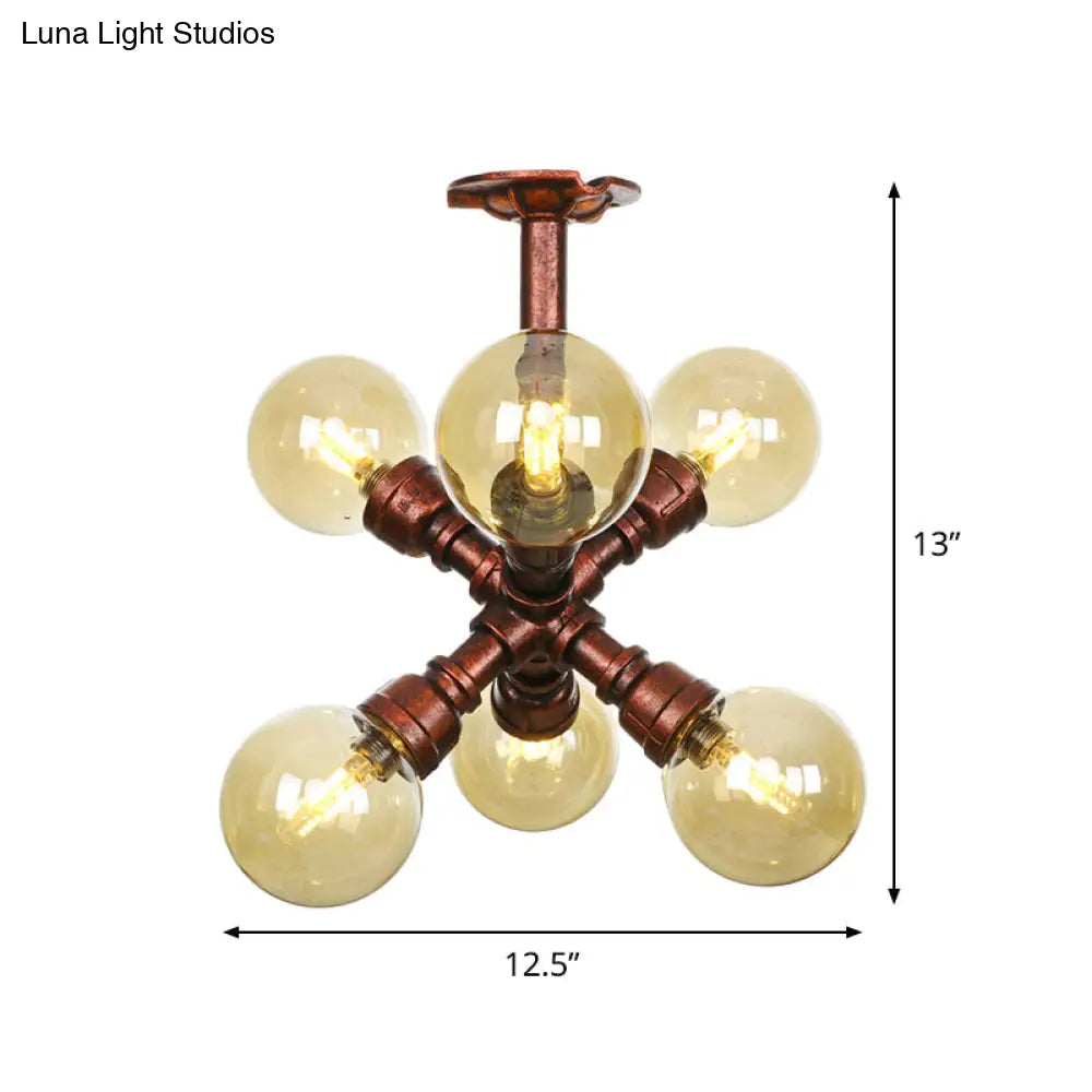 Copper Semi-Mount LED Flush Lamp in Amber Glass - Farmhouse Global Design