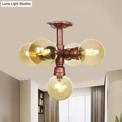 Copper Semi-Mount LED Flush Lamp in Amber Glass - Farmhouse Global Design