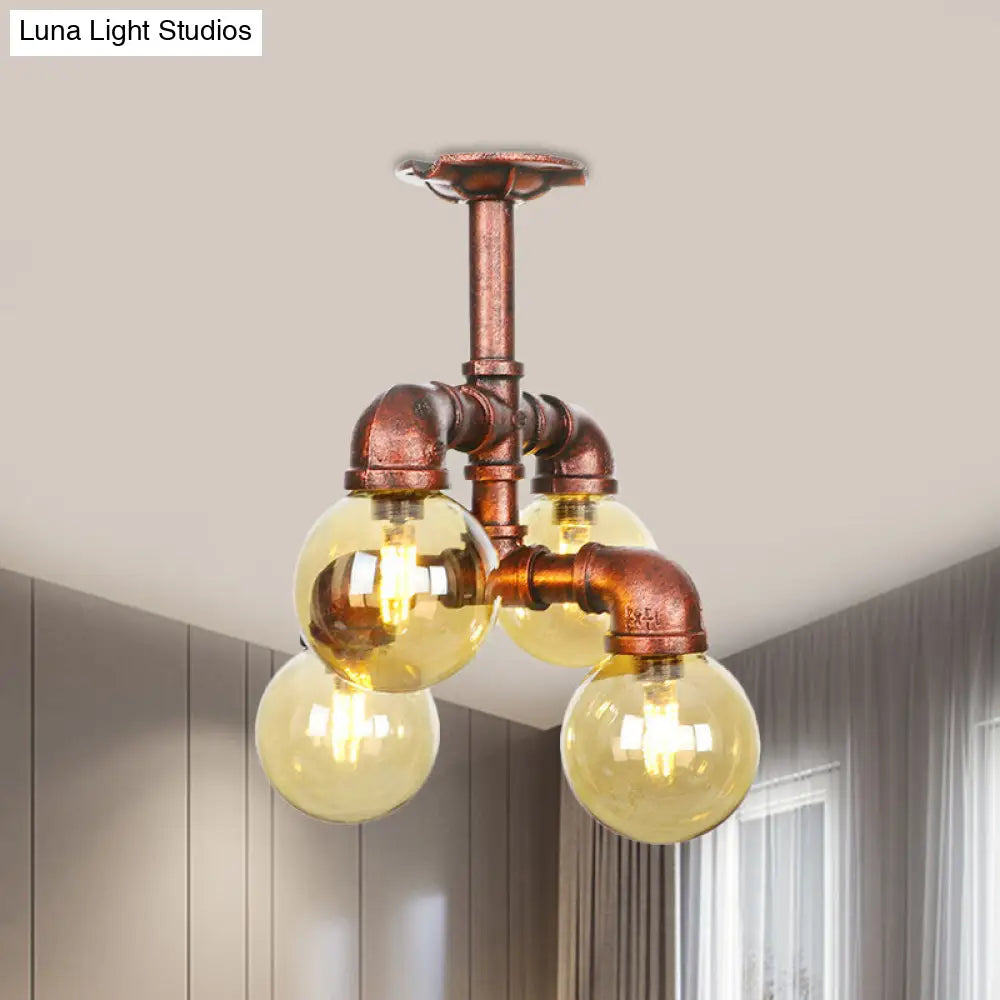 Copper Semi-Mount LED Flush Lamp in Amber Glass - Farmhouse Global Design