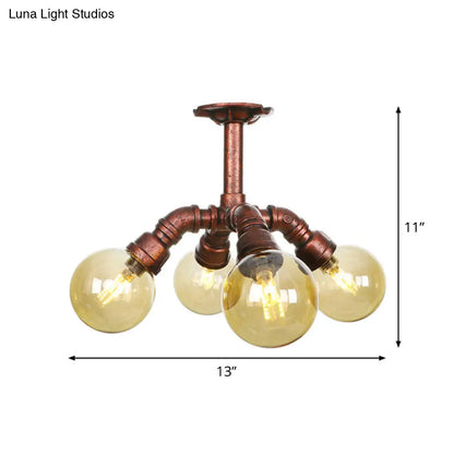 Copper Semi-Mount LED Flush Lamp in Amber Glass - Farmhouse Global Design