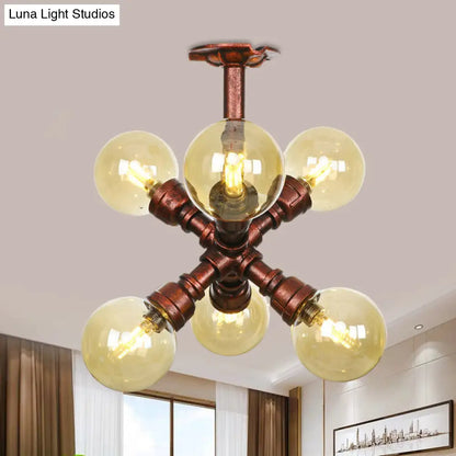 Copper Semi-Mount LED Flush Lamp in Amber Glass - Farmhouse Global Design