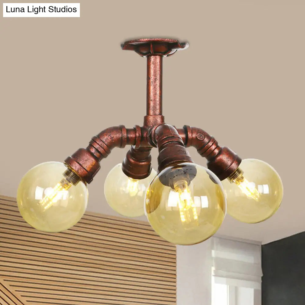 Copper Semi-Mount LED Flush Lamp in Amber Glass - Farmhouse Global Design