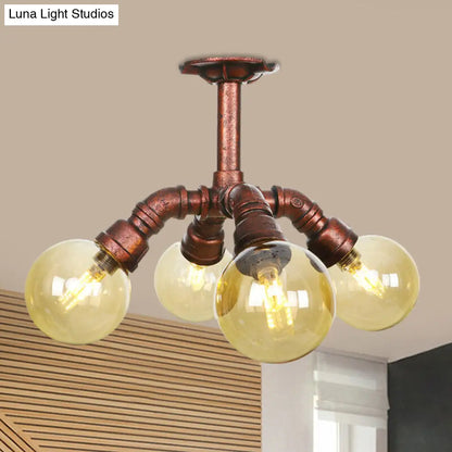 Copper Semi-Mount LED Flush Lamp in Amber Glass - Farmhouse Global Design