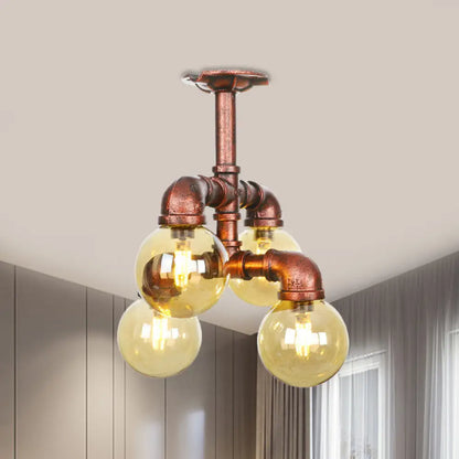 Copper Semi-Mount LED Flush Lamp in Amber Glass - Farmhouse Global Design