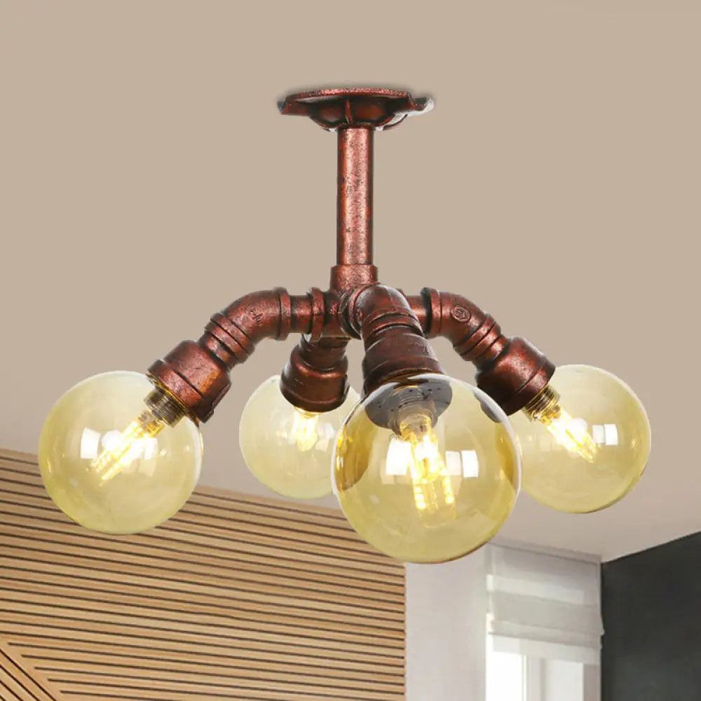 Copper Semi-Mount LED Flush Lamp in Amber Glass - Farmhouse Global Design