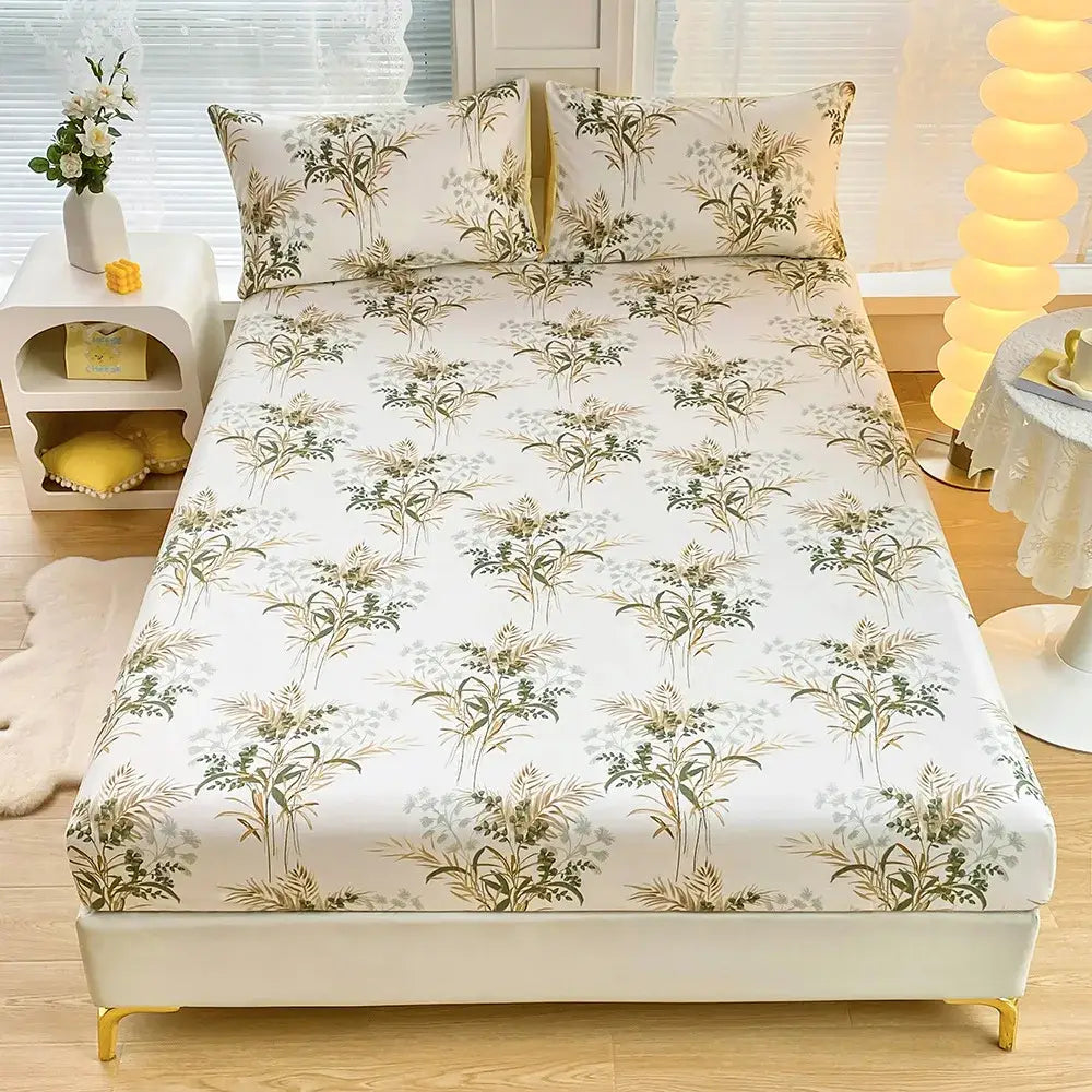 White fitted sheet set with green leaf flower botanical print in gold and green for elegant bedroom bedding