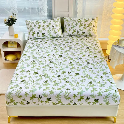 White fitted sheet set with delicate green leaf flower pattern for bedroom bedding with coral and white geometric floral design