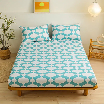 Coral and white geometric floral fitted sheet set with turquoise and white geometric patterned fitted sheet