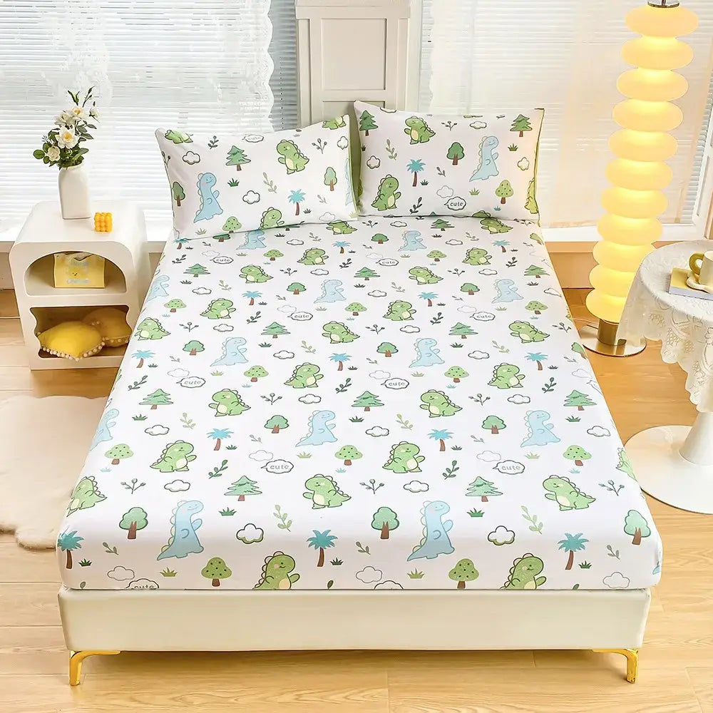 Cute white fitted sheet set with green leaf flower and light blue cartoon dinosaurs for bedroom bedding use
