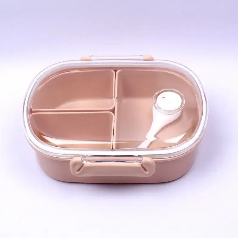 Beige plastic lunch box set with clear lid and three compartments for organized meal storage in kitchen use