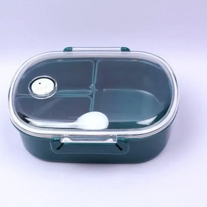 Dark green plastic lunch box set with clear lid, three compartments, and white spoon for organized meals
