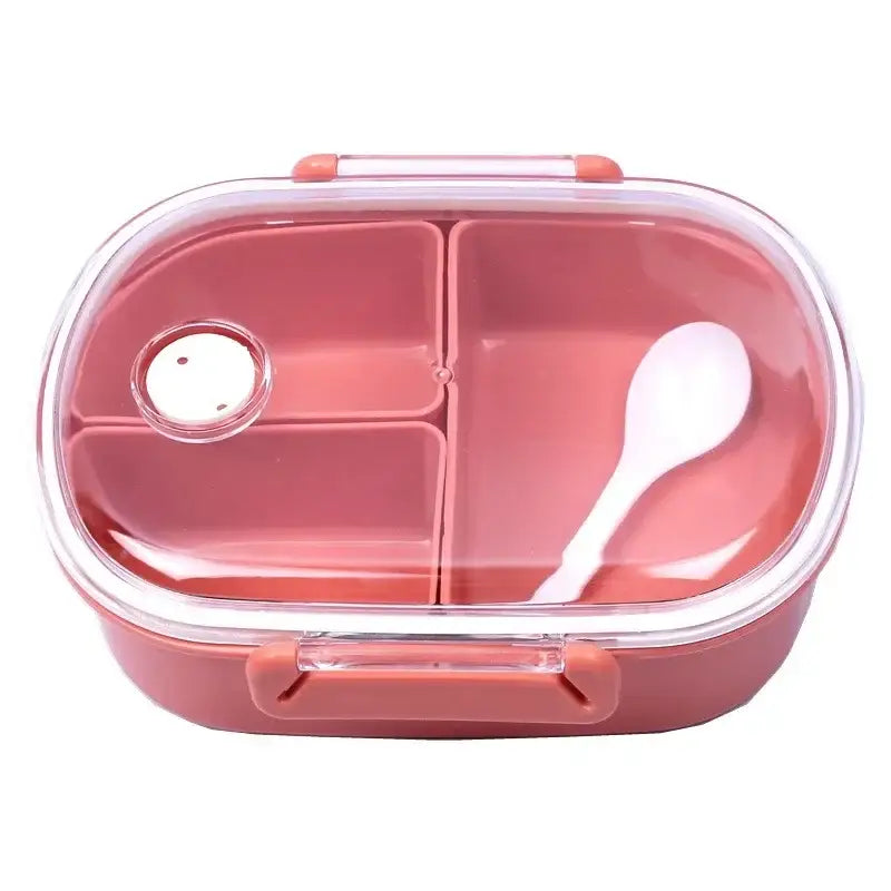Pink plastic lunch box set with clear lid white spoon and three compartments for kitchen use