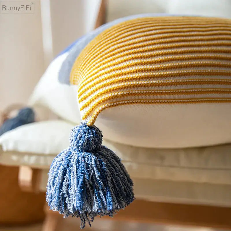 Yellow and white striped knitted cushion cover 45x45cm with blue tassel for living room home decor