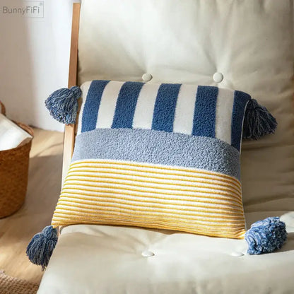 Blue and yellow striped knit cushion cover 45x45cm with fluffy tassels for stylish home decor living room use