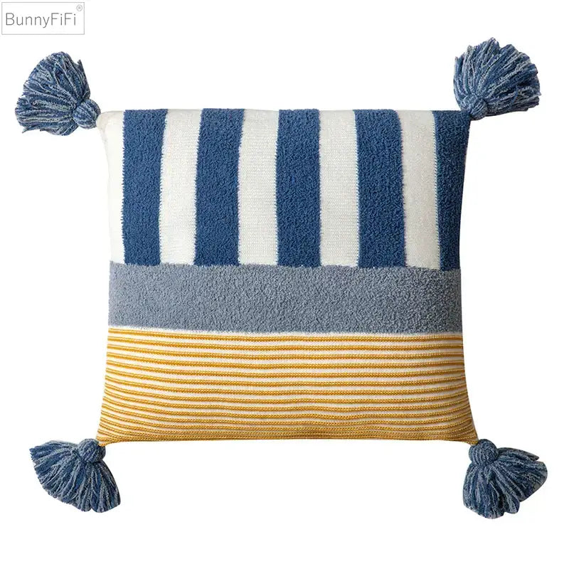 Blue and white striped cushion cover 45x45cm with gray band yellow stripes and blue tassels for home decor