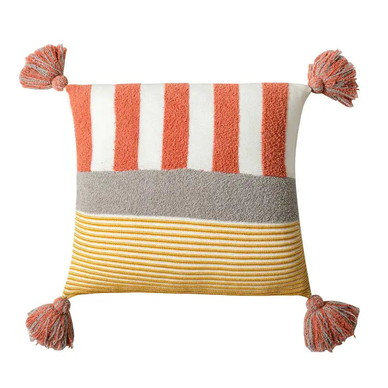 Coral and white striped cushion cover 45x45cm with horizontal stripes and tassels for stylish home decor