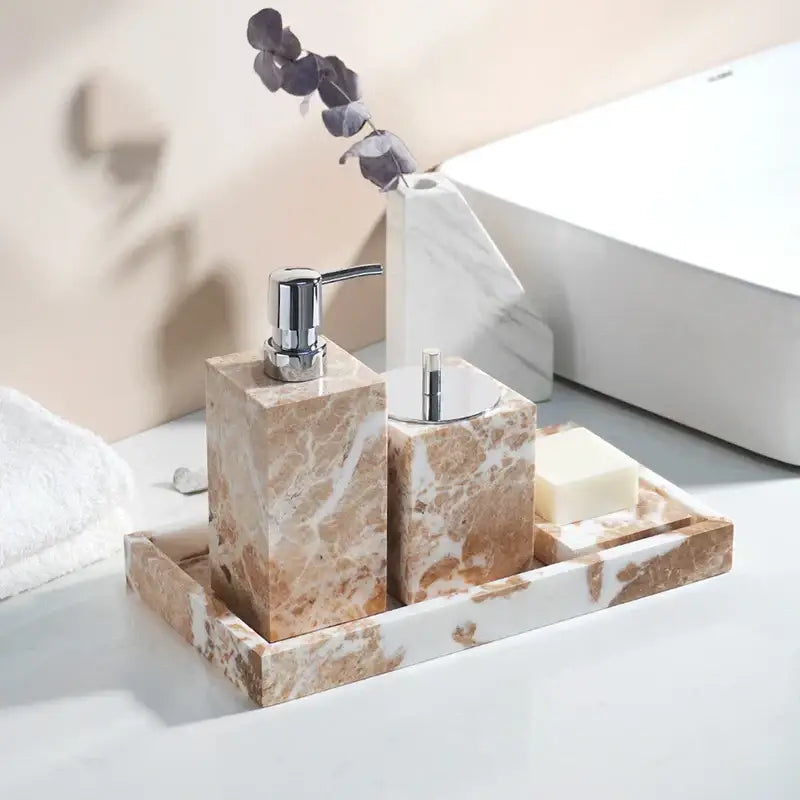 Beige marble bathroom set with chrome finish pump and lid complementing decorbites coral pink marble bathroom design