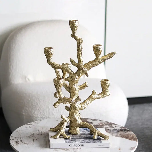 Golden textured coral-inspired five candle holder candlestick holder decorbites golden bough candelabrum for dining room