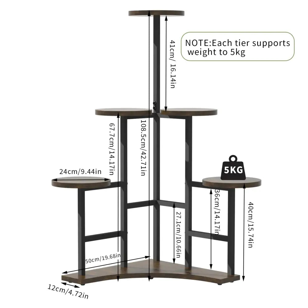 DecorBites 6-tier corner plant stand with black metal frame and dark wood circular shelves for space-saving display