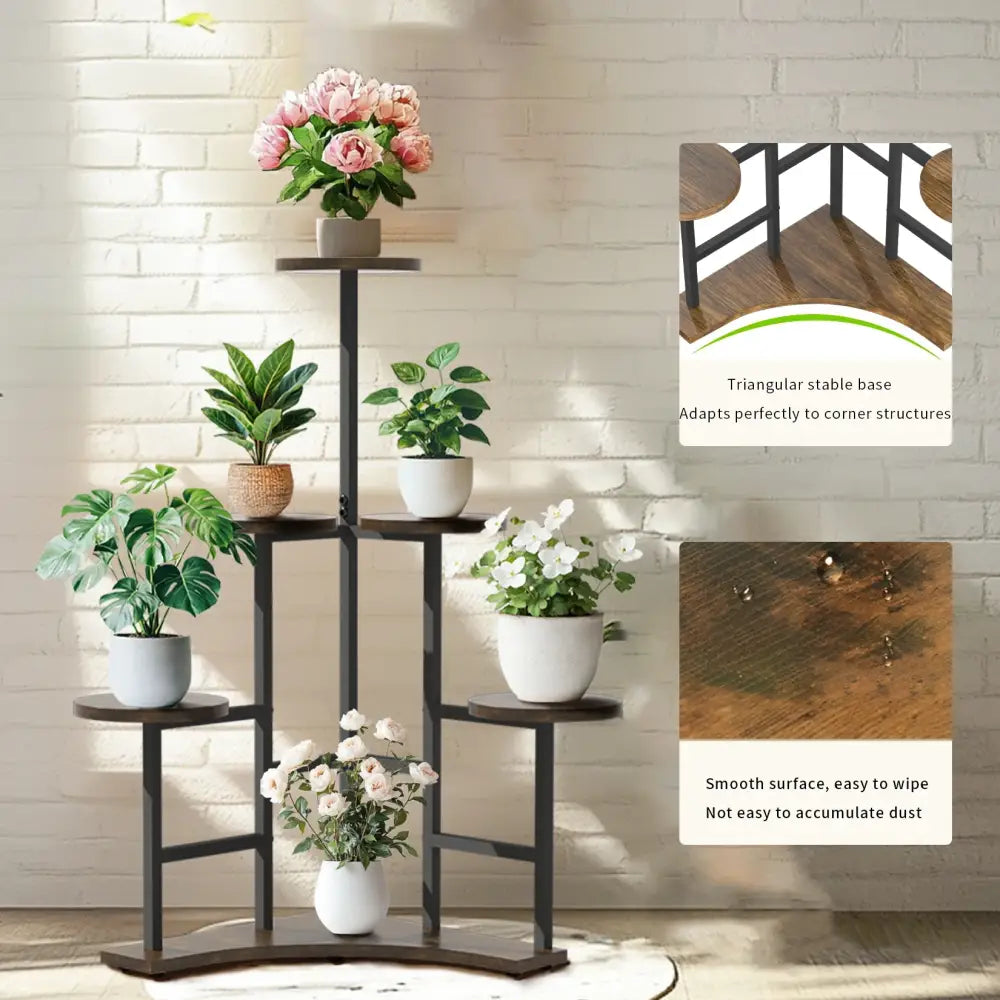 Decorbites™ black metal and wood 6-tier corner plant stand with triangular base for space-saving display
