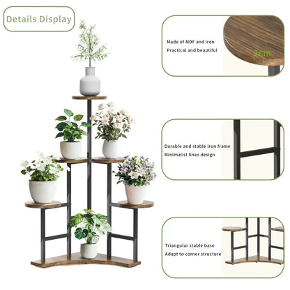 DecorBites 6-tier corner plant stand with dark iron frame and warm wood-toned mdf shelves for space-saving display
