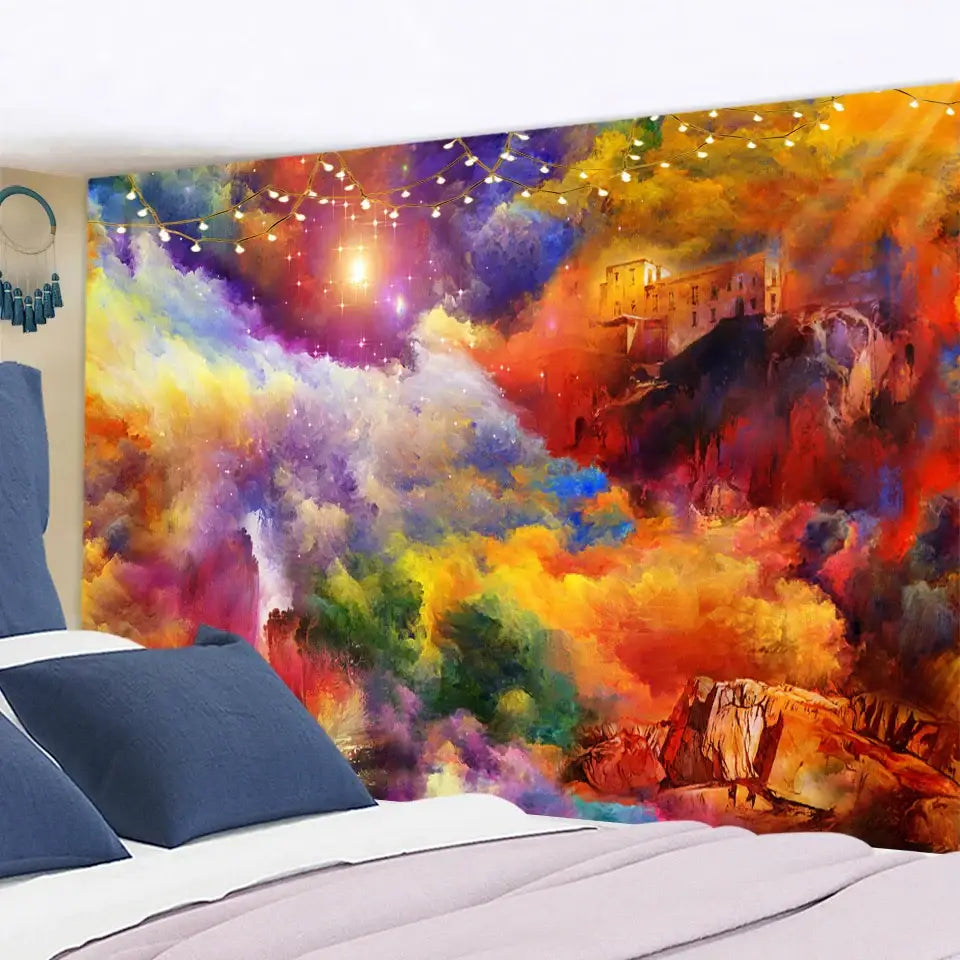 Vibrant colorful clouds tapestry with swirling cosmic colors and distant castle decorbites colorful clouds for bedroom wall hanging decor