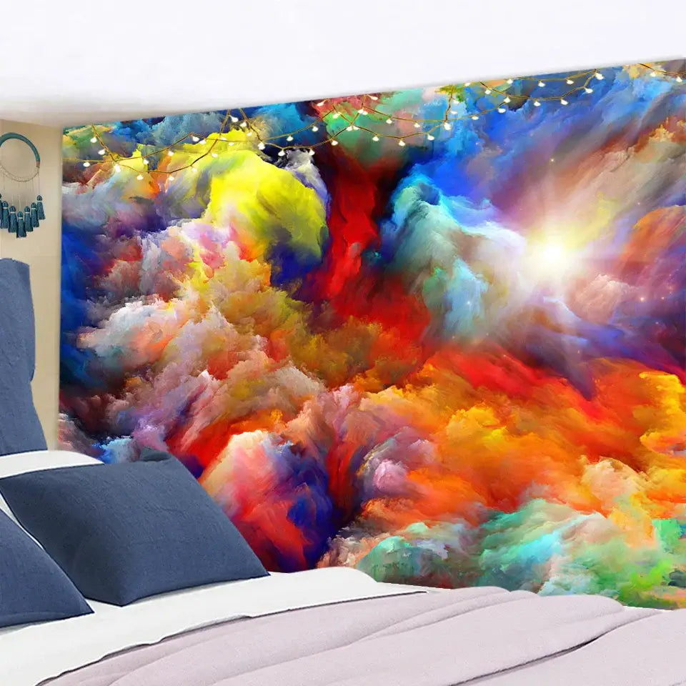 Cosmic colorful clouds tapestry with vibrant swirling red blue yellow and orange hues for bedroom wall decorbites colorful clouds decor