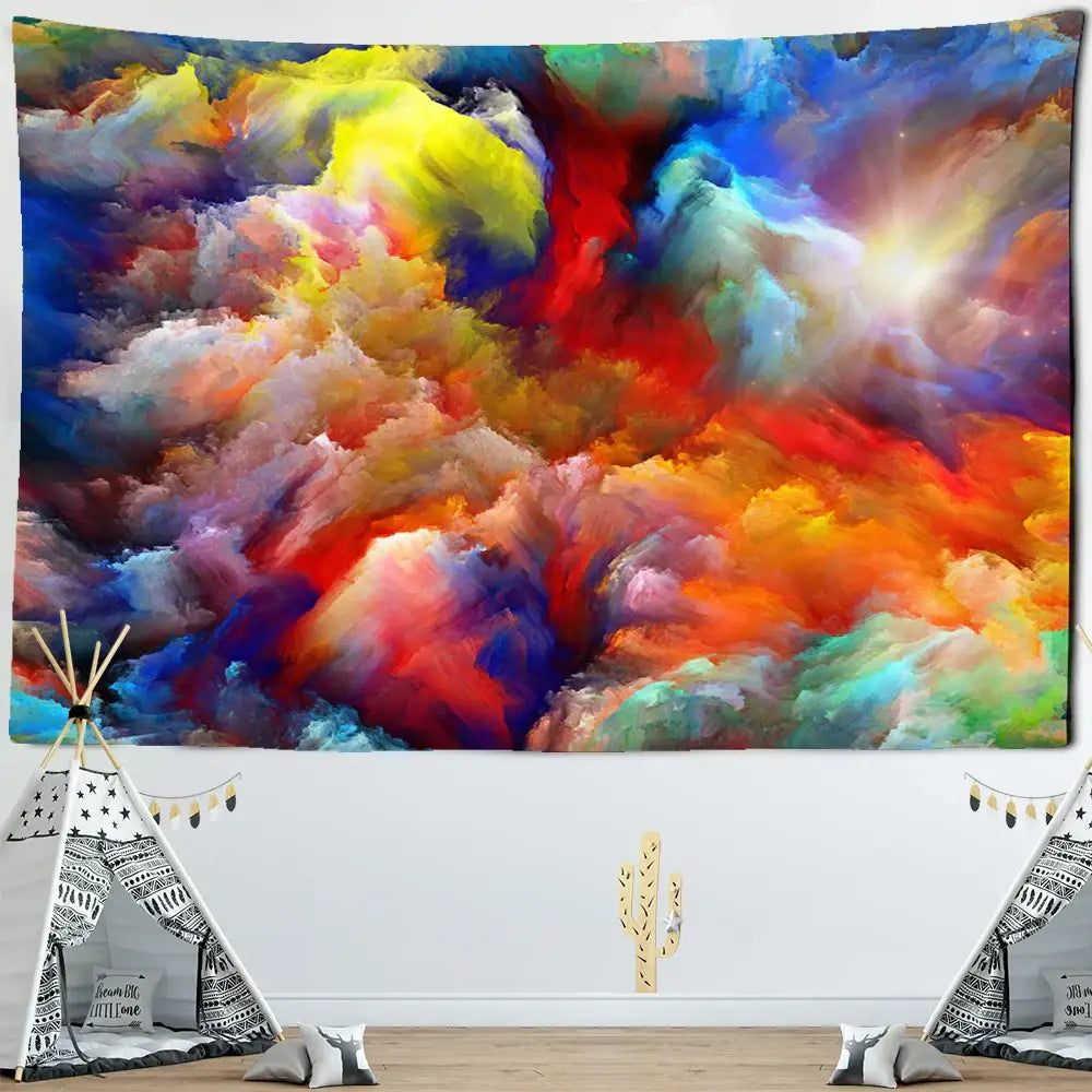 Vibrant colorful clouds tapestry featuring swirling red blue yellow and orange hues for bedroom wall decorbites decor