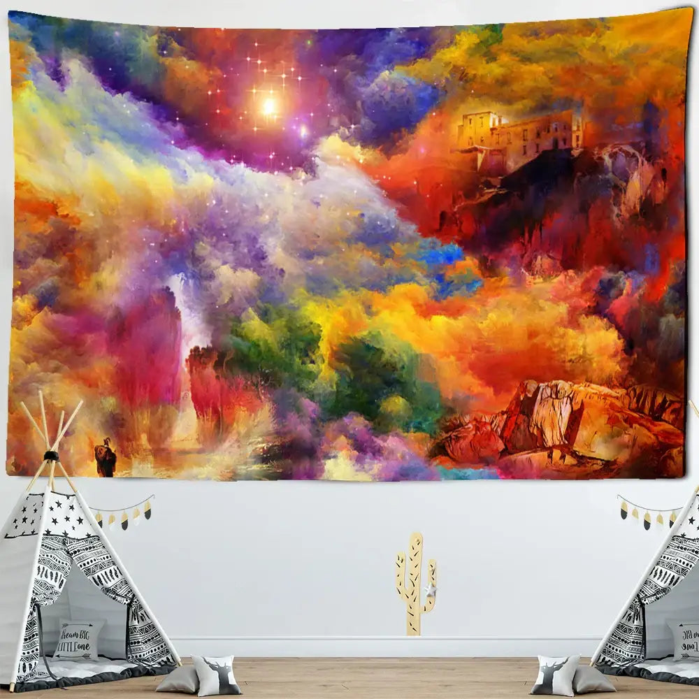 Vibrant cosmic colorful clouds tapestry featuring swirling nebulae stars and a distant castle for bedroom decorbites decor