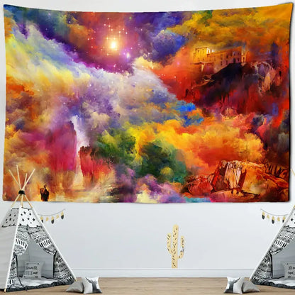 Vibrant cosmic colorful clouds tapestry featuring swirling nebulae stars and a distant castle for bedroom decorbites decor