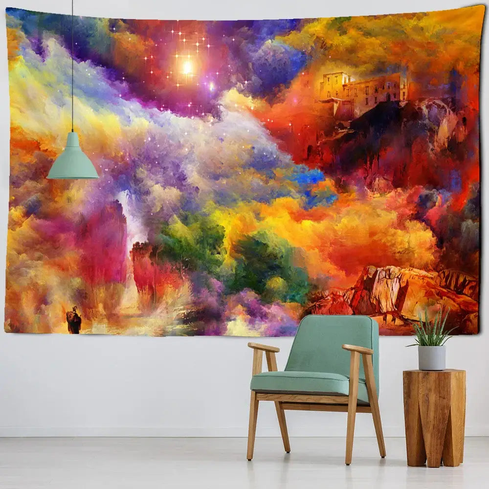 Vibrant cosmic colorful clouds tapestry featuring swirling nebulae stars and distant village for bedroom wall decorbites decor