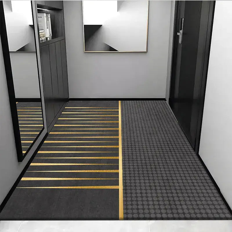 Black and gold striped cosmic grey crystal velvet entrance rug with textured circular pattern for hallway decorbites grey crystal