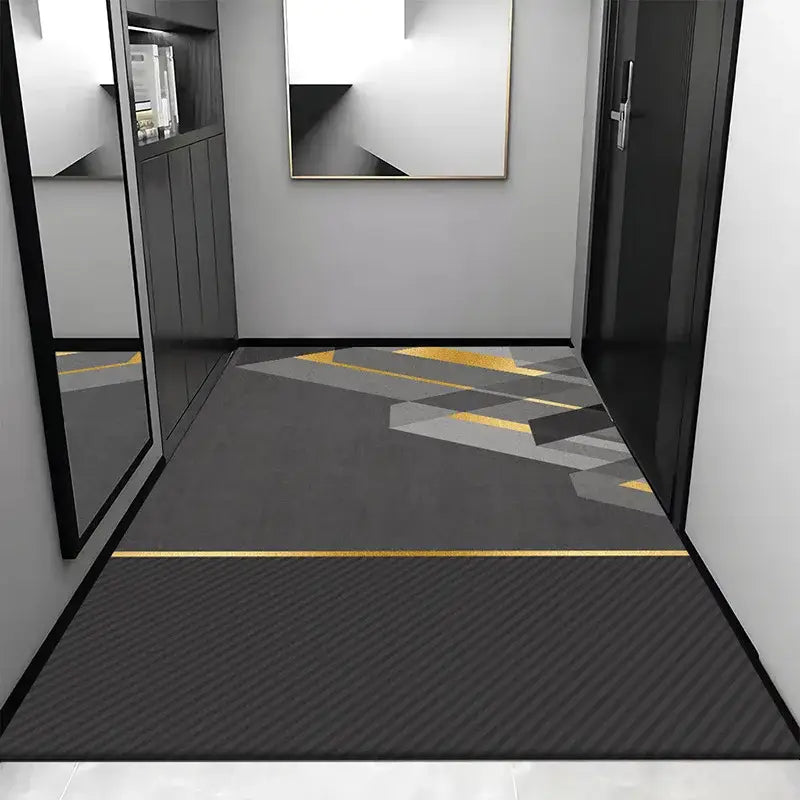 Black textured entrance mat with geometric gray and gold patterns in decorbites grey crystal velvet entrance rug for hallway