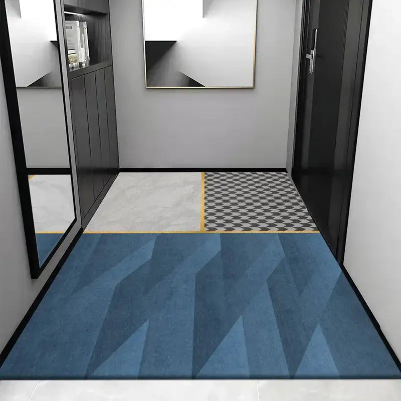 Blue geometric-patterned grey crystal velvet entrance rug with layered shades of blue and black border for hallway decorbites grey crystal