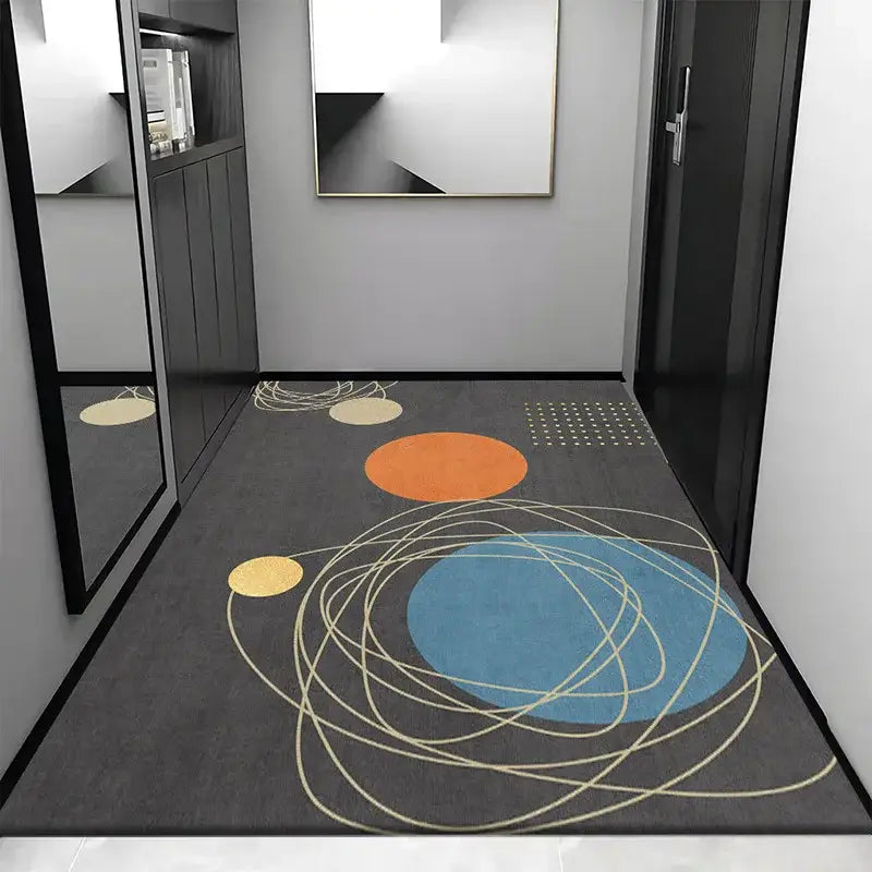 Dark gray decorbites grey crystal velvet entrance rug with modern abstract concentric circles in blue orange and yellow