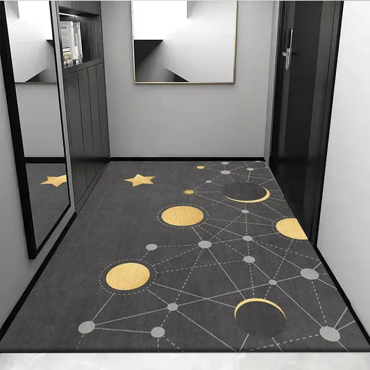 Dark gray hallway rug with modern cosmic design in gold and silver planets made of grey crystal velvet for entrance decorbites grey crystal