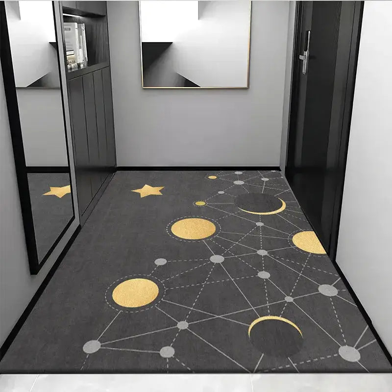 Dark gray hallway rug with modern cosmic design in gold and silver planets made of grey crystal velvet for entrance decorbites grey crystal