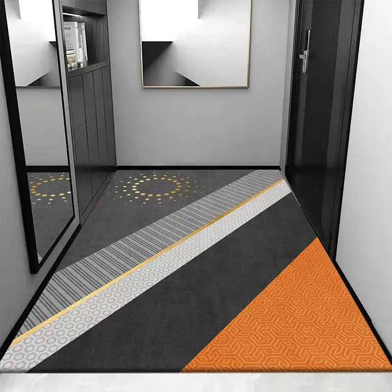 Geometric-patterned cosmic grey crystal velvet entrance rug with black gray white and orange sections for hallway decorbites grey crystal
