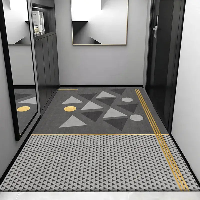 Cosmic grey crystal velvet entrance rug with geometric gray and gold triangular and circular pattern for hallway decorbites grey crystal